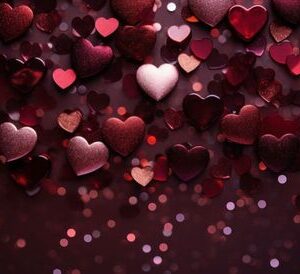 glitter hearts and hearts on red background,