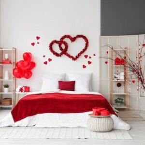 interior,of,festive,bedroom,decorated,with,hearts,for,valentine's,day