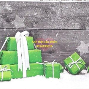 FO17818 - Phông Nền vải Chụp Ảnh 3D Giáng Sinh Họa Tiết Hộp Quà Xanh Nền Gỗ Tuyết