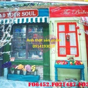 FO6452 - Backdrop Chụp Ảnh Độc Đáo: Cửa Sổ Sách & Quầy Rau Củ, Góc Decor Cửa Hàng Vintage