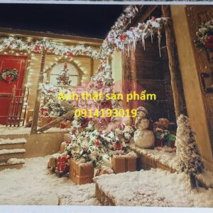 FS581 - Trang Trí Studio/Lễ Hội Noel với phông nền vải in Tuyết Trắng Cây Thông Đỏ Cửa Gỗ
