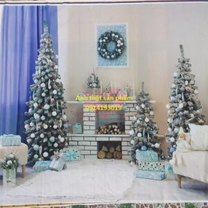 Fo4754- Phông vải 3D Chụp Ảnh Giáng Sinh,Lò Sưởi Cây Thông Xanh Bạc Sang Trọng,