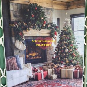 FF273 - Phông Nền Vải Giáng sinh hoạ tiết Lò Sưởi & Cây Thông Decor