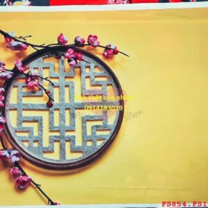 FS854 - Phông Nền vải Chụp Ảnh Tết 3D – Họa Tiết Cửa Sổ Cổ Điển & Hoa Đào