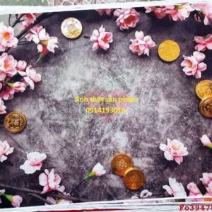 Fo39470 - Phông nền vải chụp ảnh Tết mẫu hoa đào và đồng tiền vàng.
