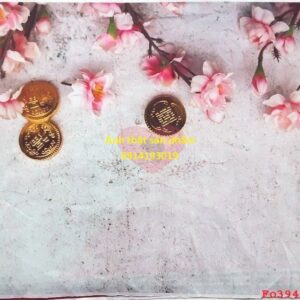 Fo39472 - Phông Nền vải Chụp Ảnh Tết Hoa Đào & Đồng Tiền Vàng – Đẹp, Rực Rỡ
