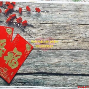 Fo44700 - Phông nền vải Chụp Ảnh Tết Decor Sản Phẩm - Vải 3D Cao Cấp Họa Tiết Vân Gỗ, Hoa Đào & Bao Lì Xì Sang Trọng