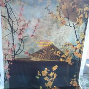 Fo47589 - Phông Nền Chụp Ảnh Tết Cổ Điển - Vải Backdrop Tường Rêu Hoa Mai Đào