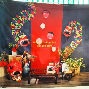 Fo47611 - Phông nền vải Chụp Ảnh Tết 3D Mẫu Rồng Lân Đỏ Đen Cực Ấn Tượng